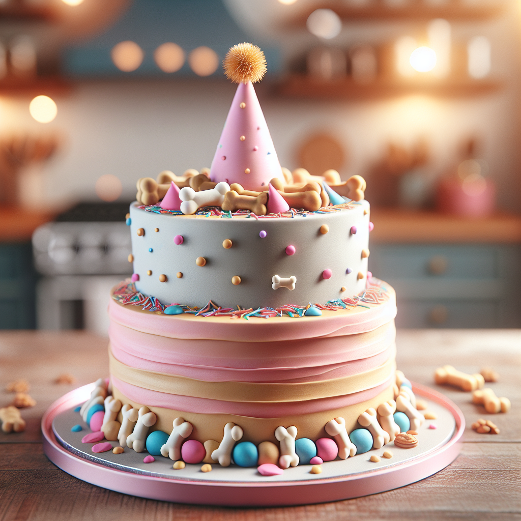 A tiered dog cake decorated with peanut butter frosting and playful decorations.