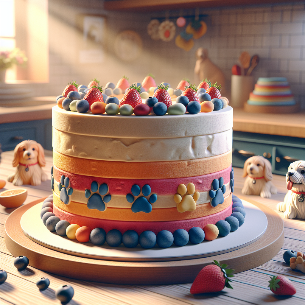 A festive dog cake with paw prints and fruit toppings in a cozy kitchen.