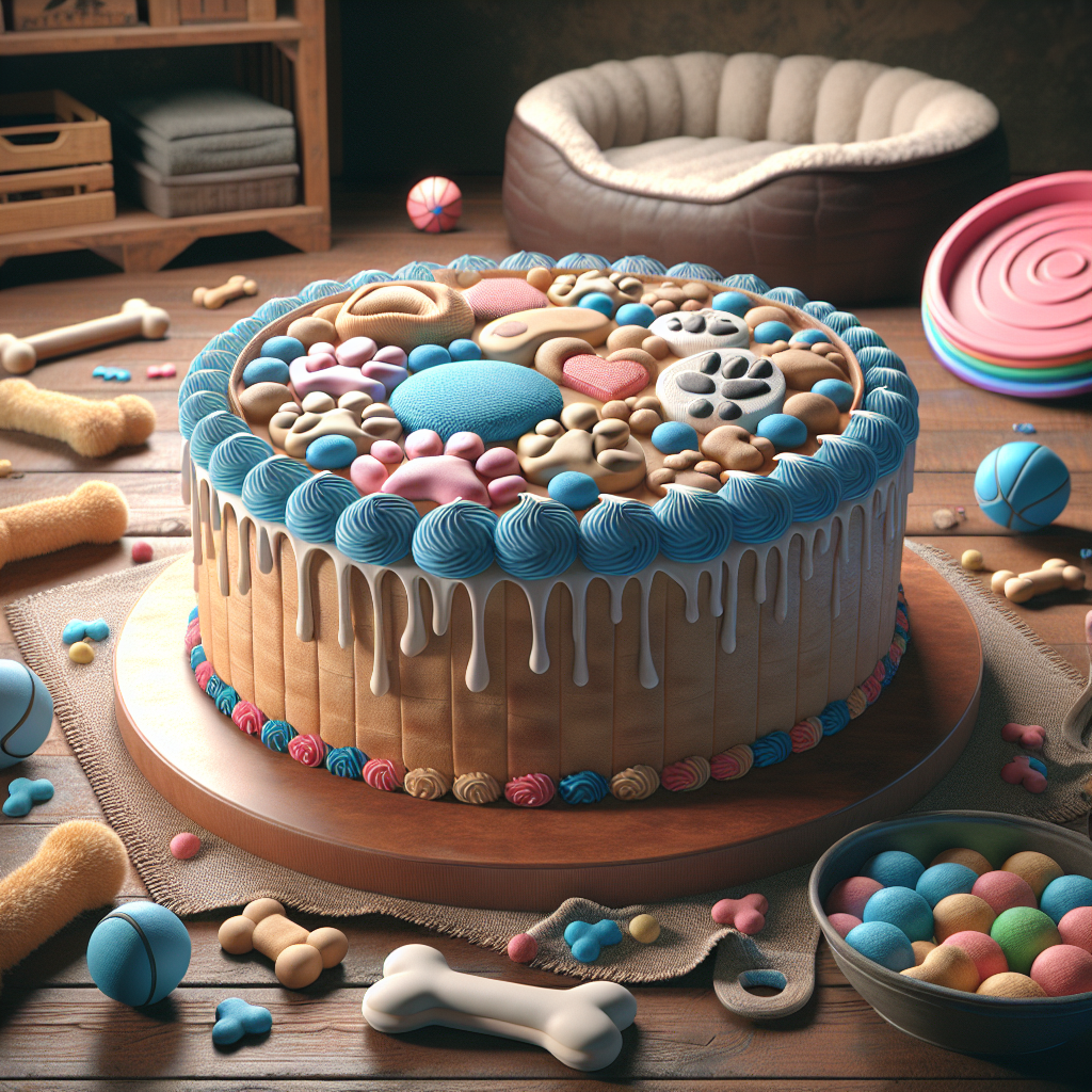 A beautifully decorated dog cake on a wooden table with colorful frosting and playful dog toys.