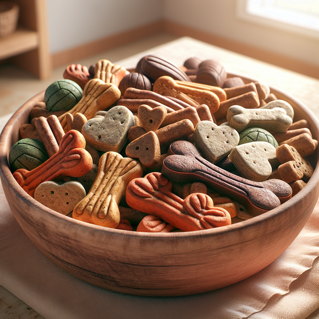 A collection of healthy dog treats in various shapes and colors in a rustic wooden bowl.