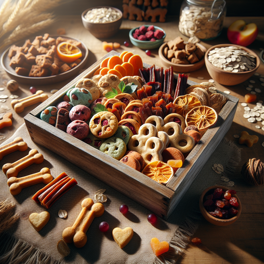 A variety of colorful, healthy dog treats displayed in a wooden box.