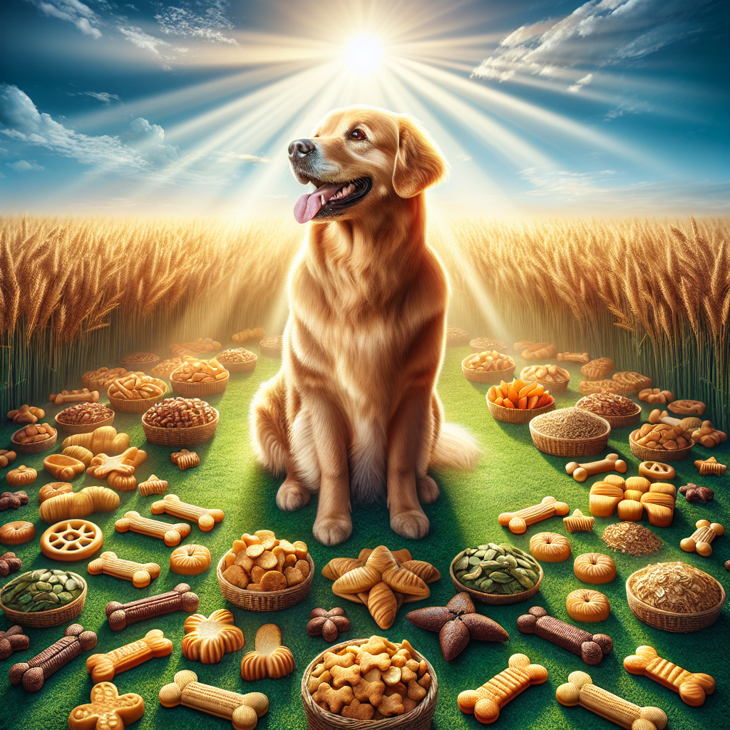 A golden retriever surrounded by healthy dog treats in a sunny grassy field.