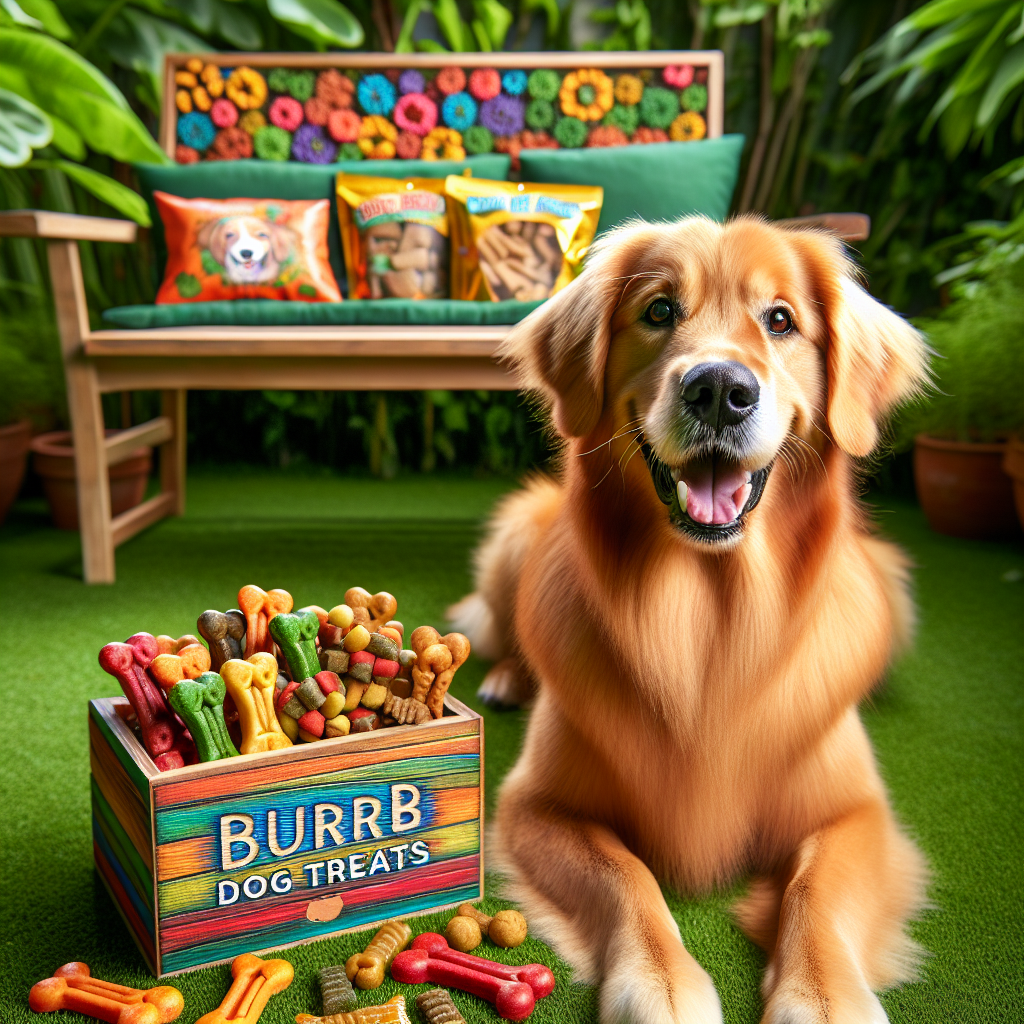A happy golden retriever with a shiny coat beside a container of Burp Dog Treats on a grassy lawn.