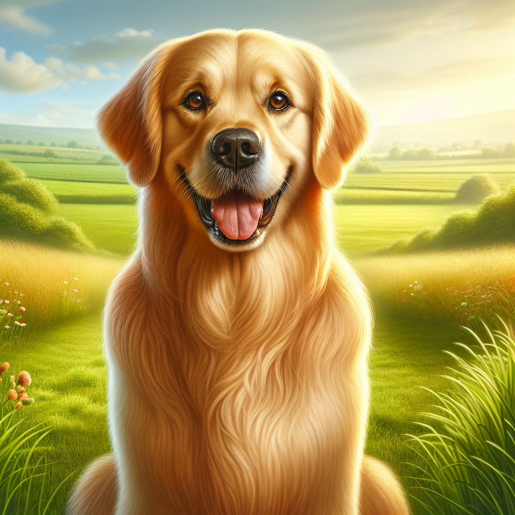 A golden retriever dog sitting on a grassy field under a clear sky.