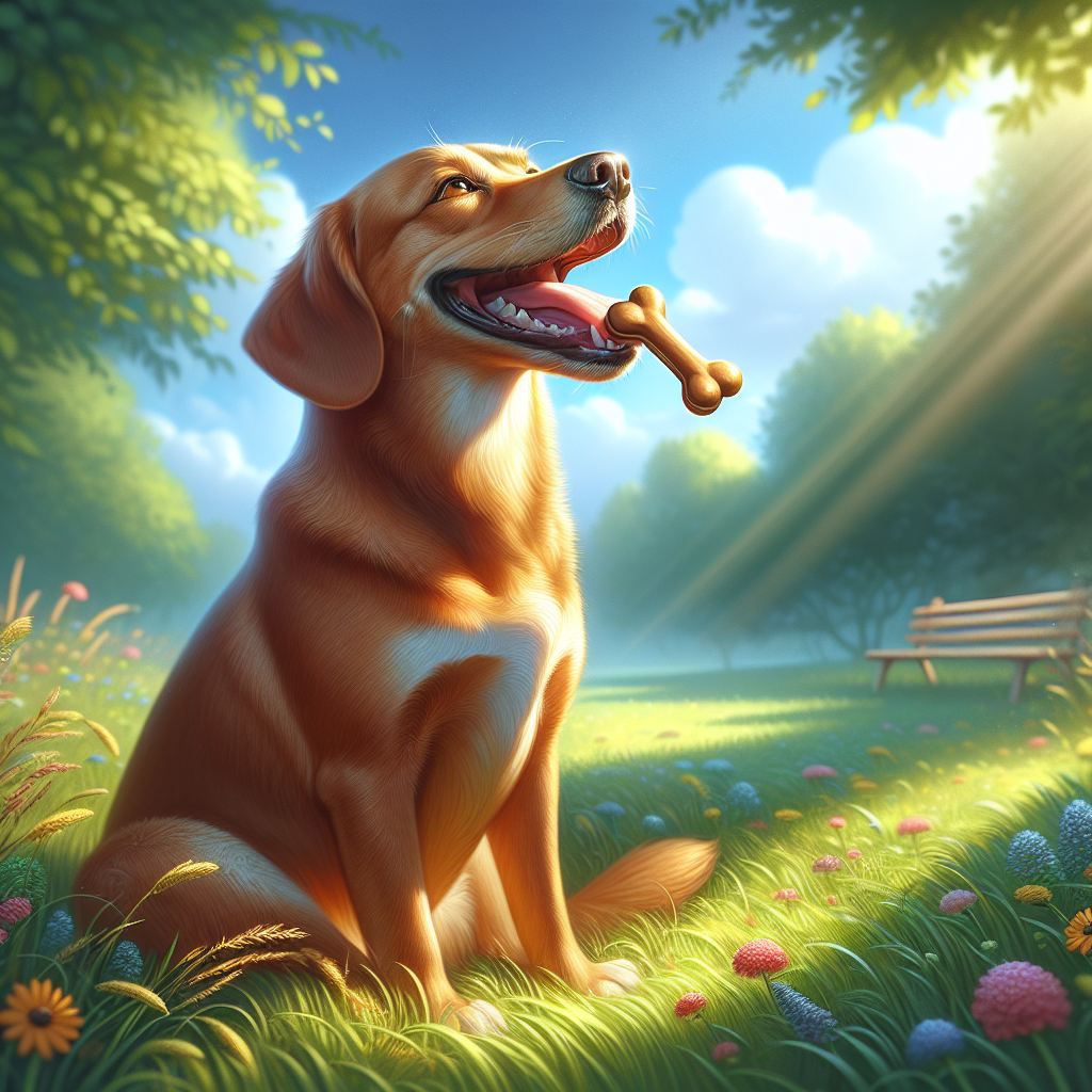 A happy dog enjoying a Burp Dog Treat in a sunny park.
