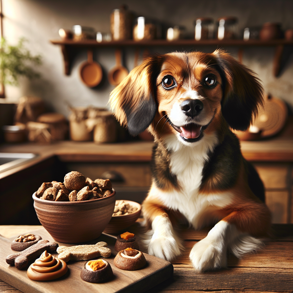 A happy dog sitting on a kitchen counter surrounded by homemade dog treats.