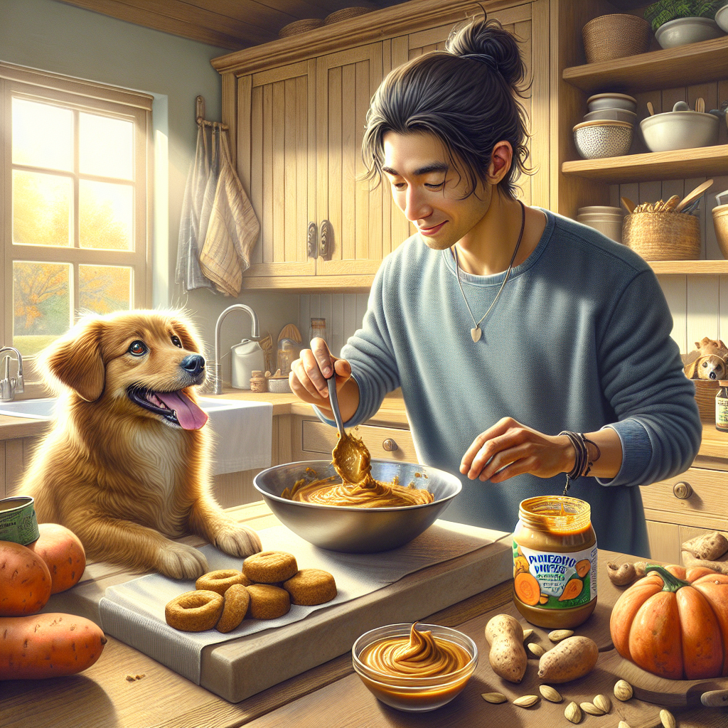 A person making homemade dog treats in a cozy kitchen with a dog watching.