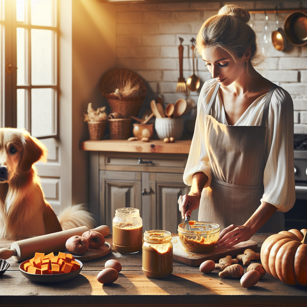 A pet owner preparing homemade dog treats in a cozy kitchen with a golden dog watching.