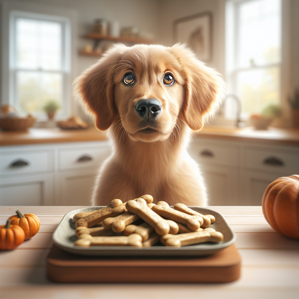 A golden retriever puppy looking at homemade dog treats on a kitchen counter.