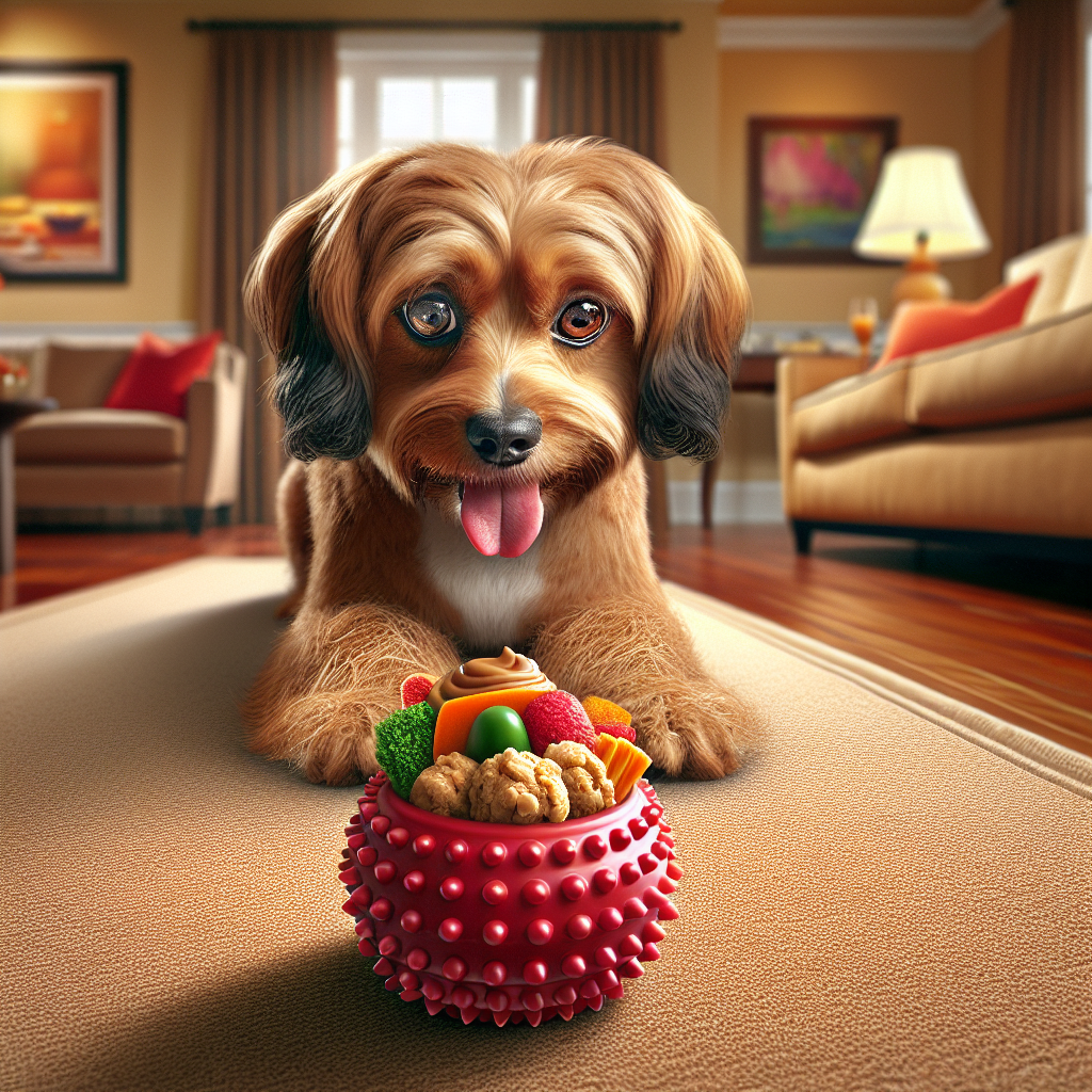 A joyful brown dog playing with a red Kong toy filled with treats.