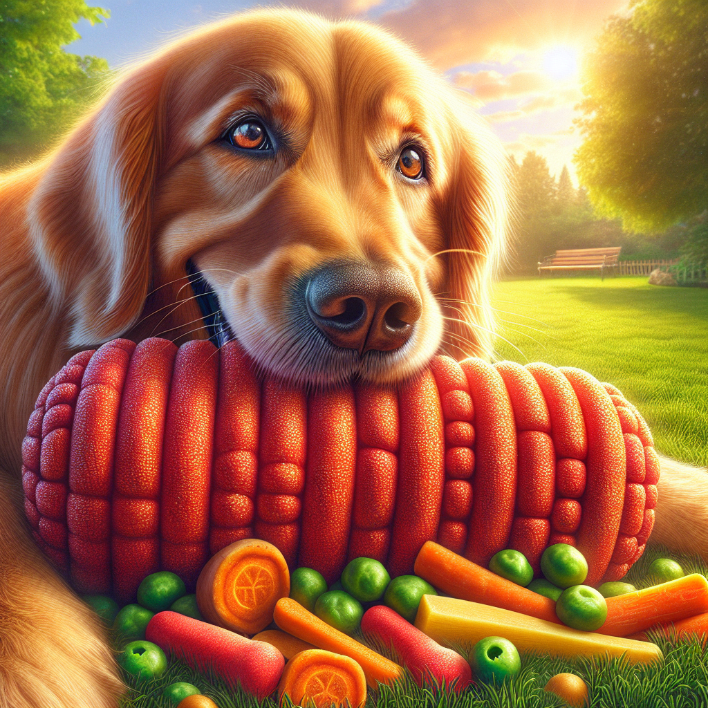 A happy Golden Retriever playing with a red Kong toy filled with healthy dog treats in a sunny park.