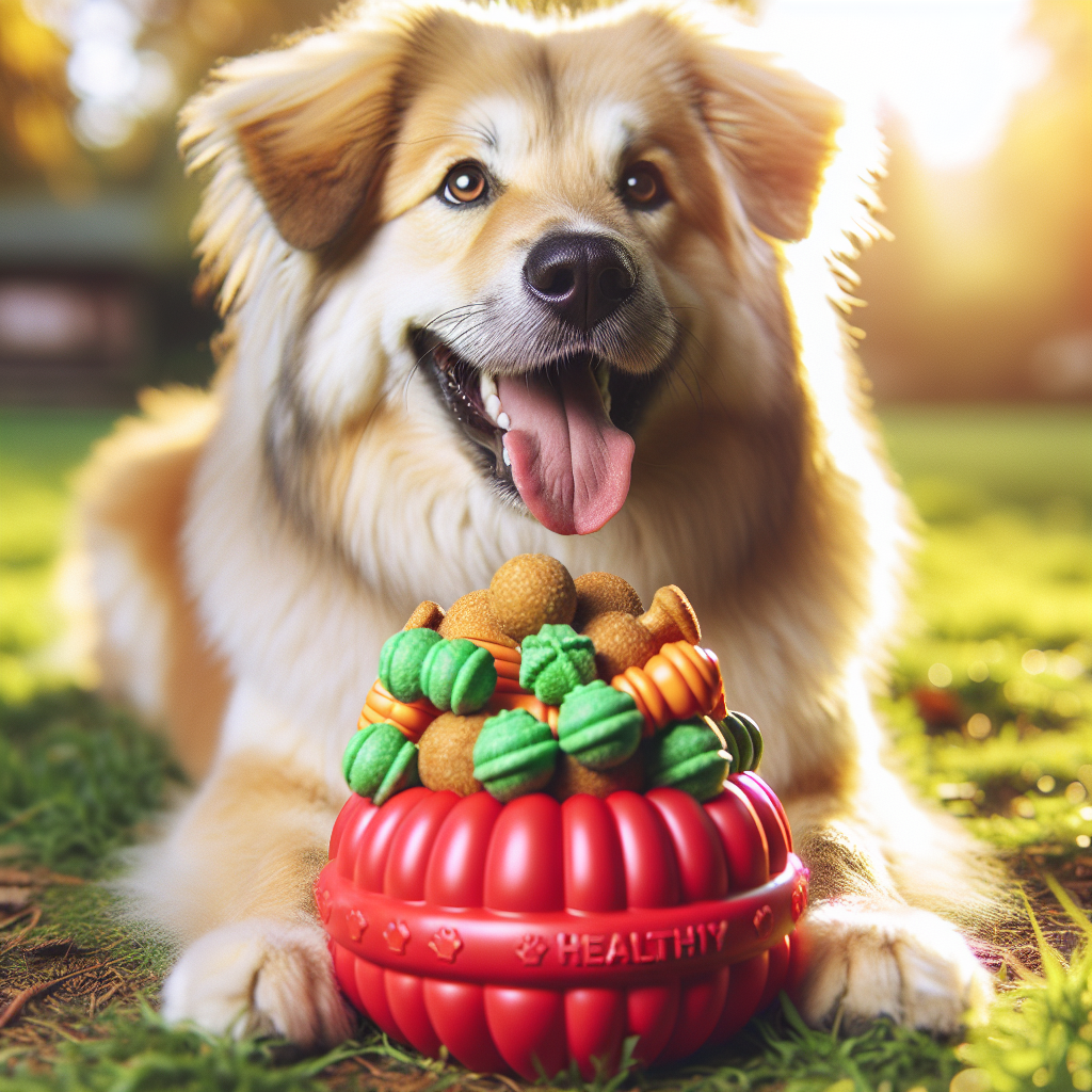 A happy dog playing with a Kong toy filled with healthy treats in a sunny park.