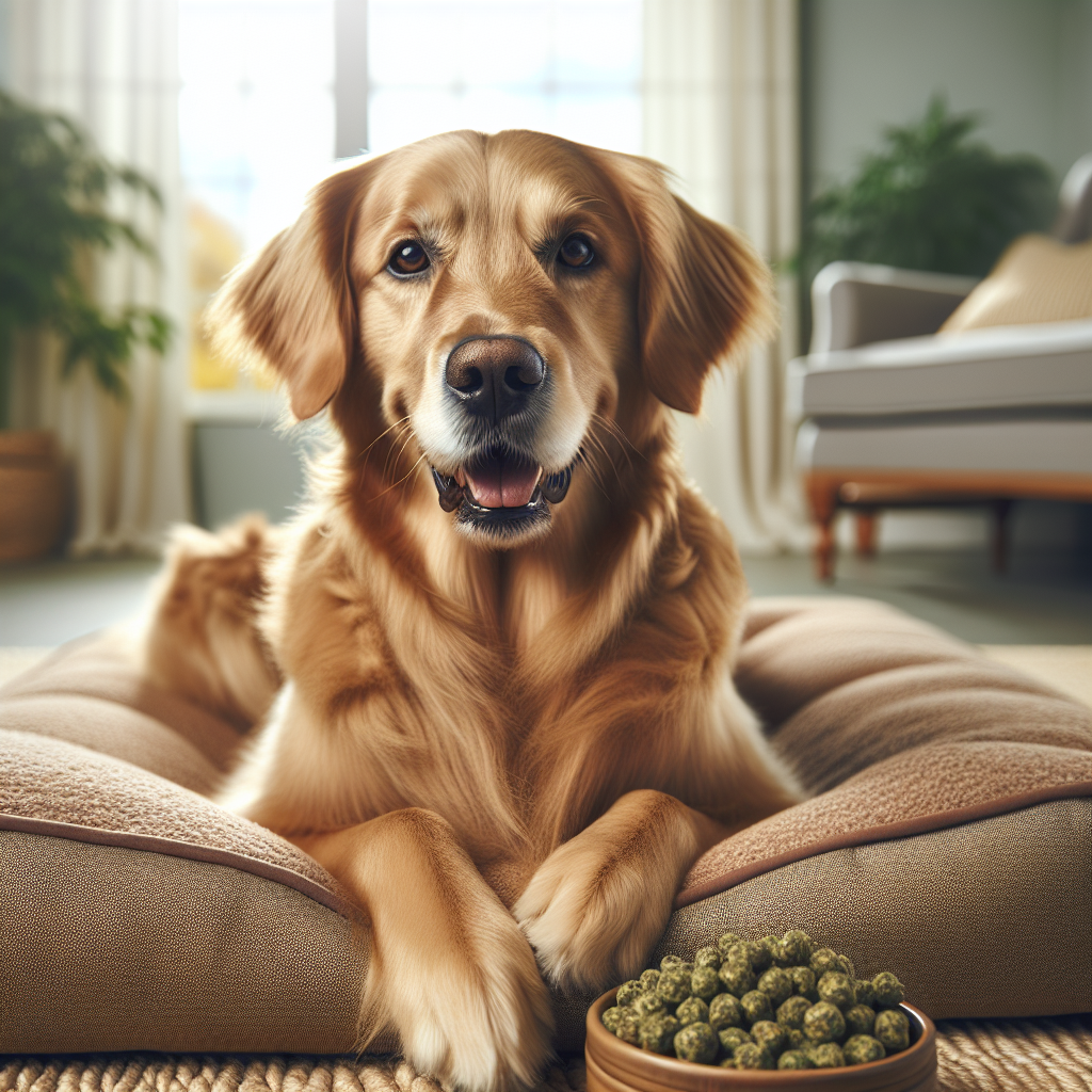 A golden retriever dog on a dog bed next to hemp calming treats.