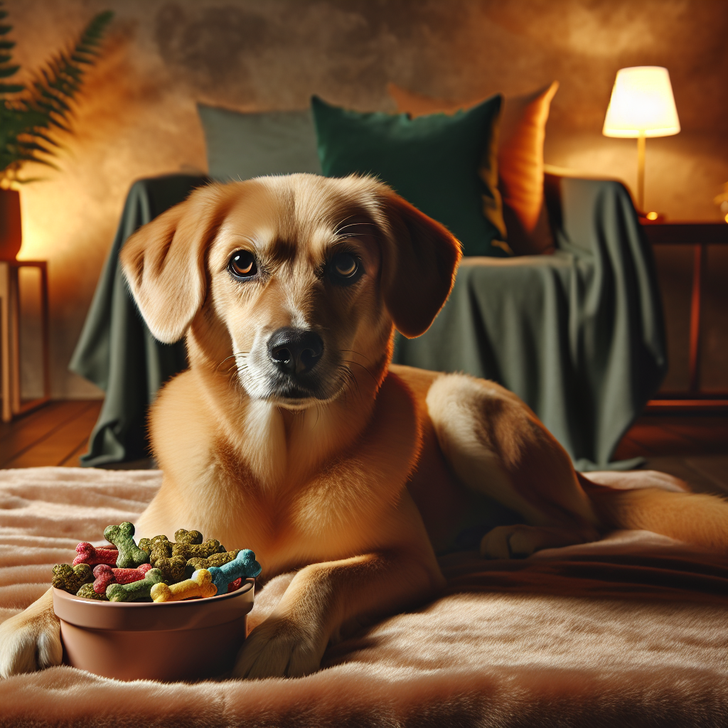 A relaxed dog sitting on a blanket with colorful hemp calming treats nearby in a cozy living room.