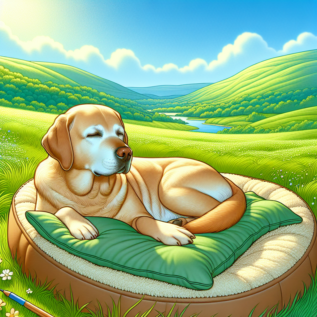 A relaxed golden Labrador Retriever lying on a dog bed in a peaceful green landscape.