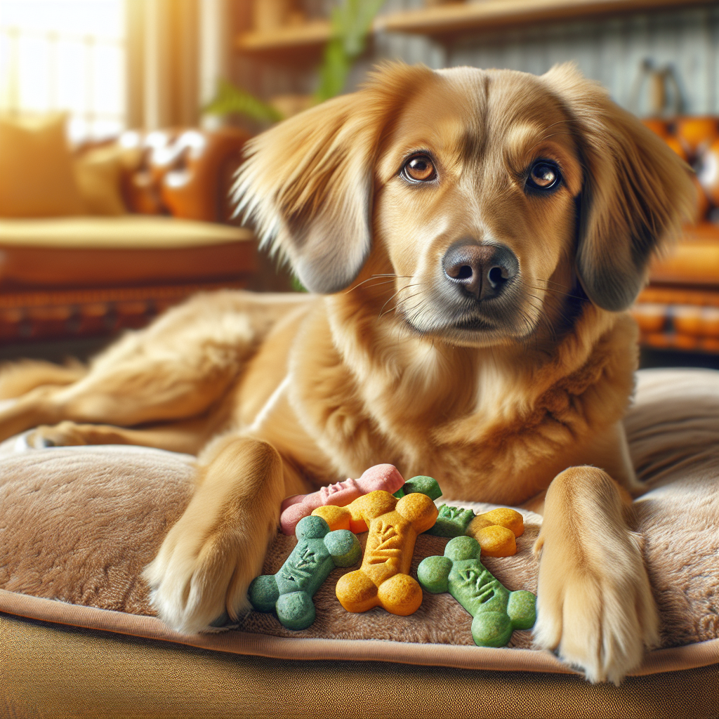 A relaxed golden brown dog on a plush bed surrounded by hemp calming treats.