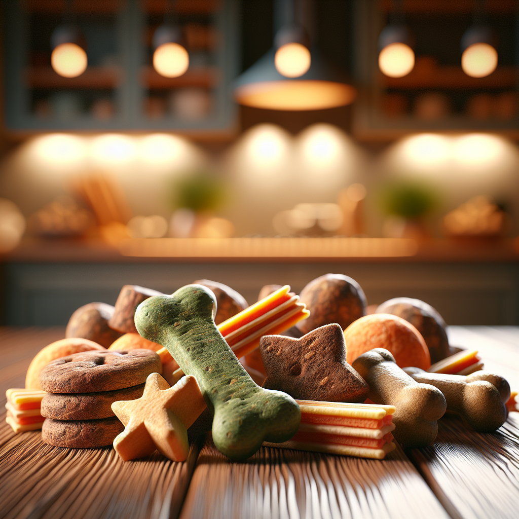 An arrangement of colorful dog treats on a wooden table.