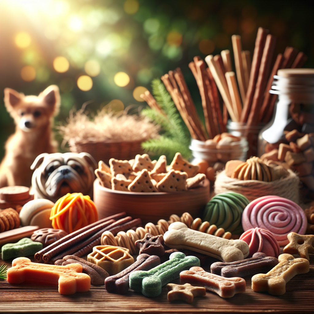 An assortment of colorful dog treats on a wooden surface.