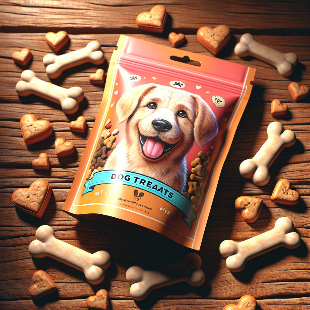 A visually appealing display of a dog treat package and treats on a wooden surface.