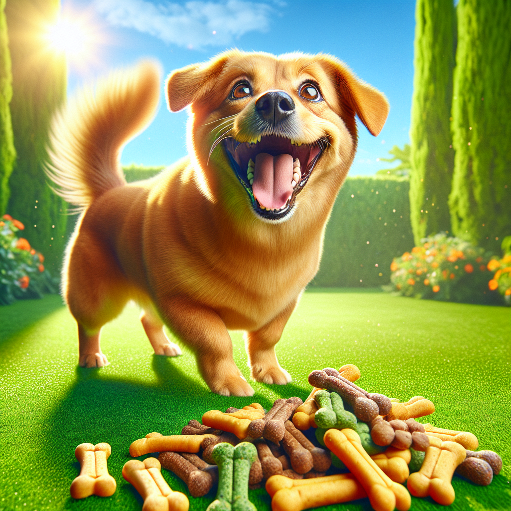 A happy dog enjoying Burp dog treats in a vibrant backyard.