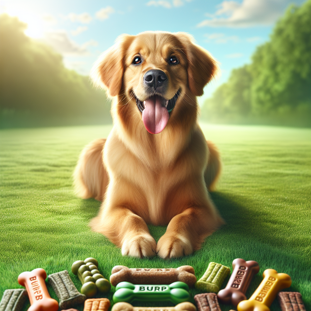 A happy golden retriever surrounded by colorful dog treats in a sunny grassy field.