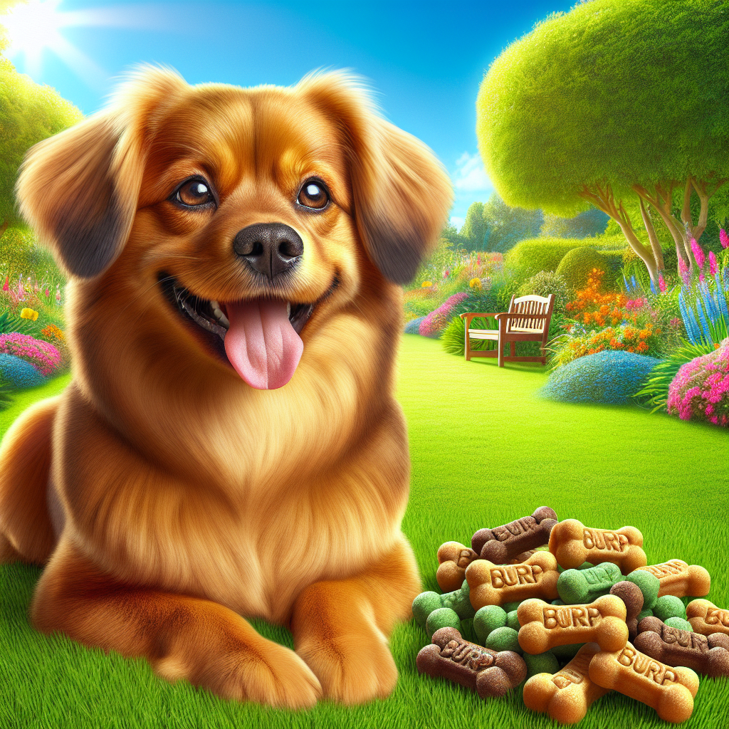 A happy dog sitting on grass surrounded by Burp dog treats.