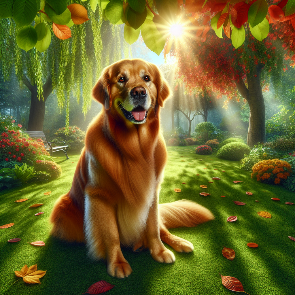 A golden retriever dog in a park surrounded by autumn leaves.