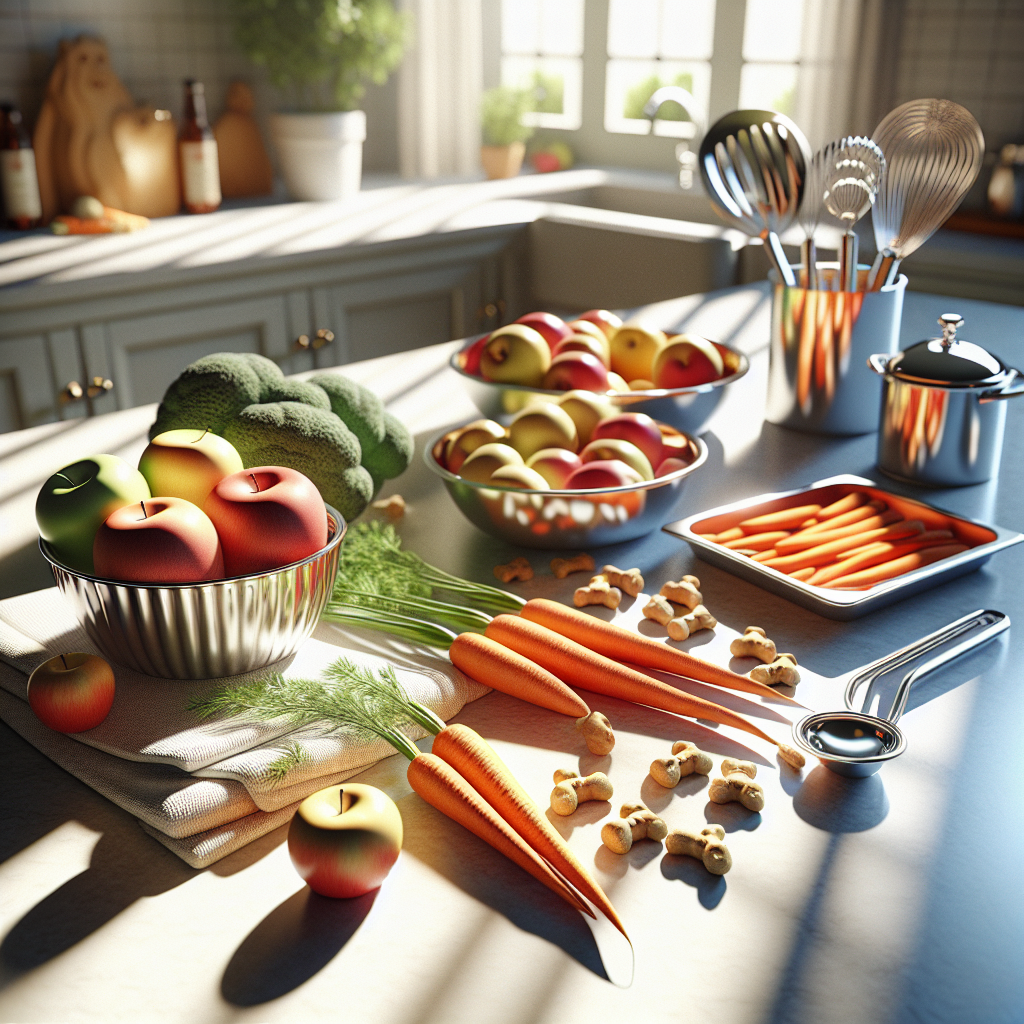 A clean kitchen counter with ingredients for homemade dog treats.