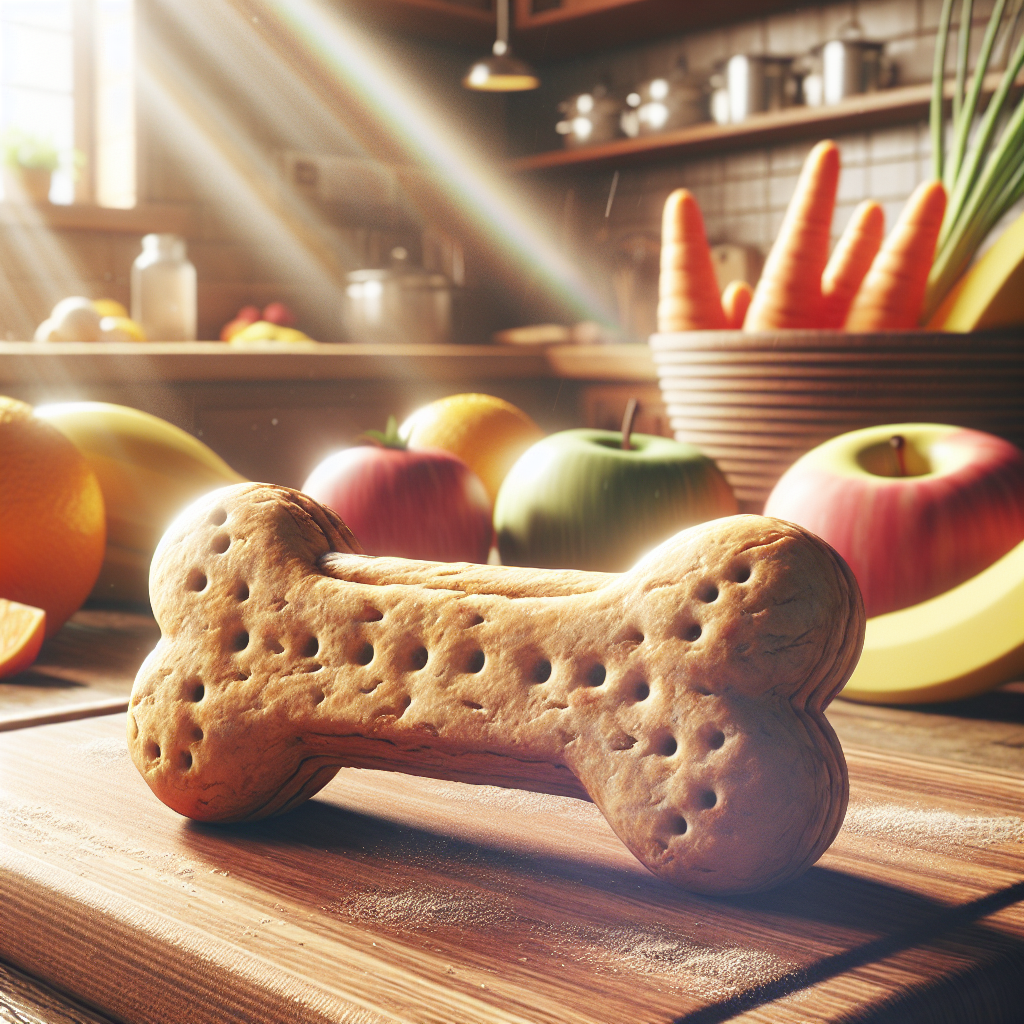 A homemade dog treat shaped like a bone on a wooden countertop, surrounded by fresh fruits and vegetables.