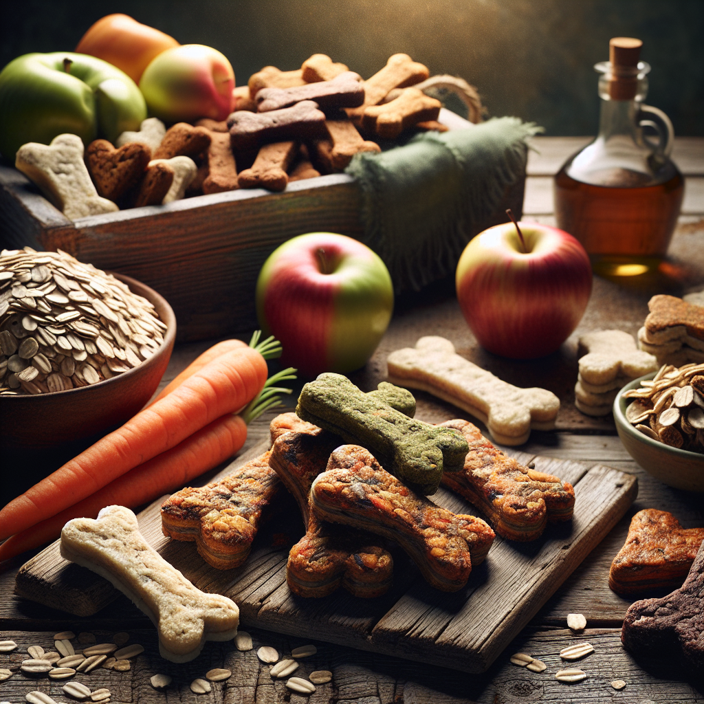 A variety of homemade dog treats shaped like bones and hearts on a wooden table.