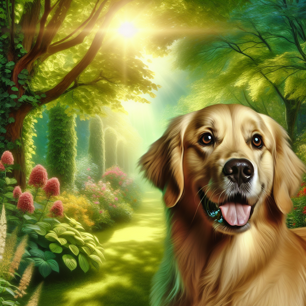 A happy golden retriever in a green park.