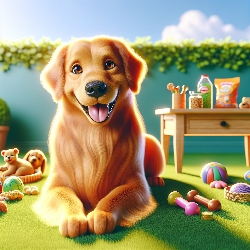 A Golden Retriever dog sitting on green grass with dog treats and toys.