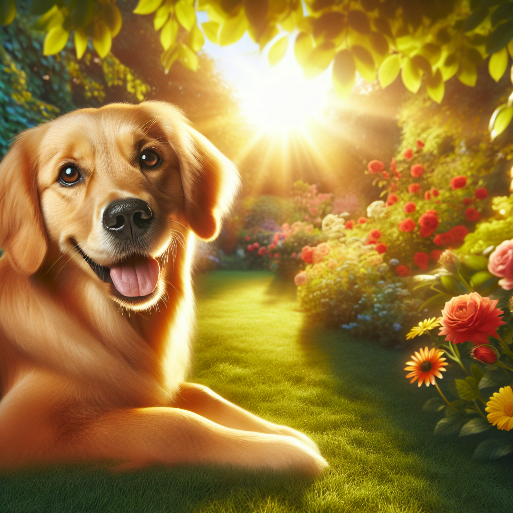 A playful Golden Retriever sitting in a sunlit garden surrounded by colorful flowers.