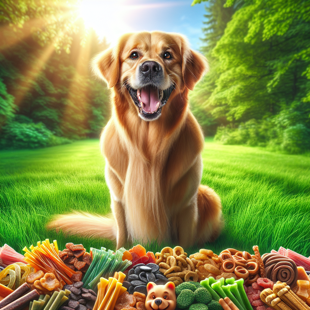 A happy Golden Retriever surrounded by a variety of Wanpy dog treats on a green lawn.