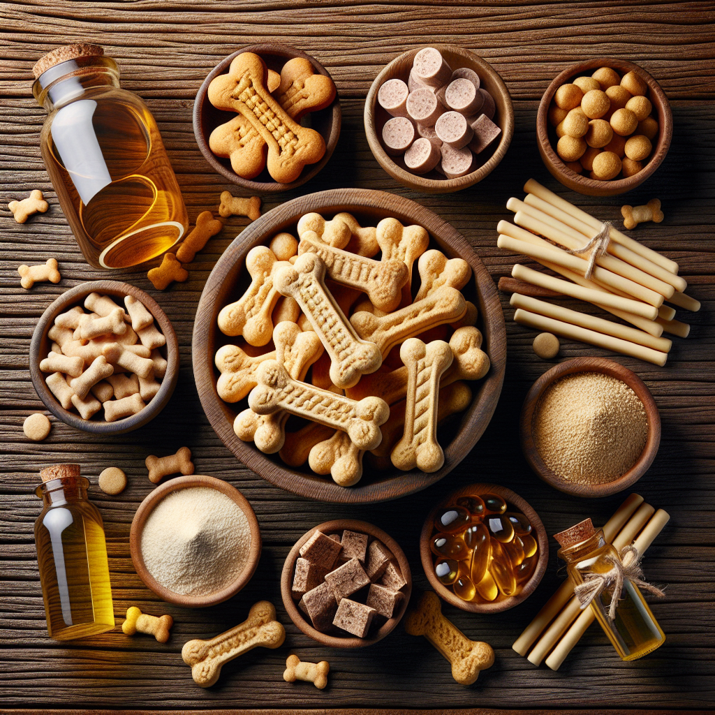 An assortment of Milk Bone dog treats on a wooden surface alongside their key ingredients.