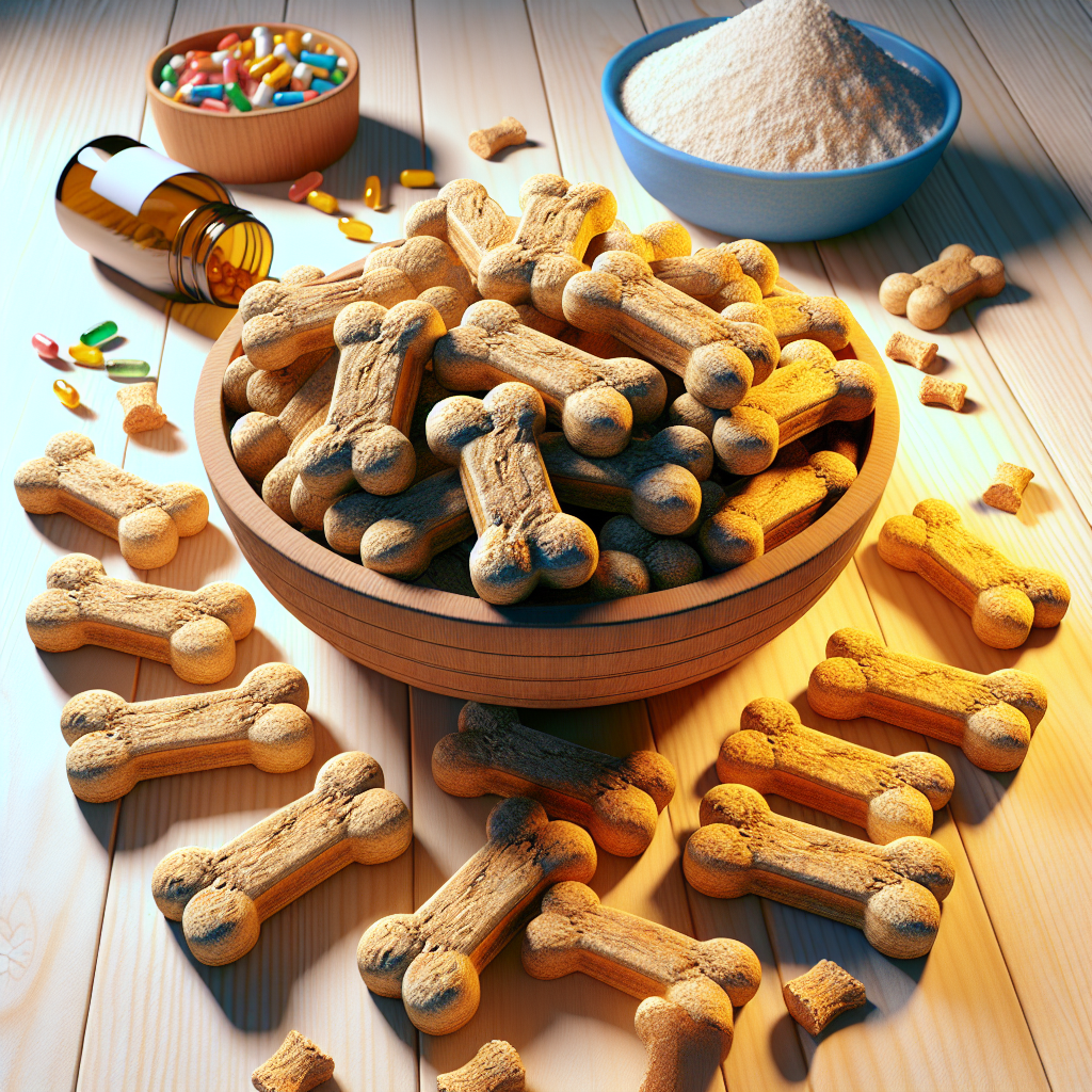 A collection of Milk Bone dog treats on a wooden surface with some ingredients.