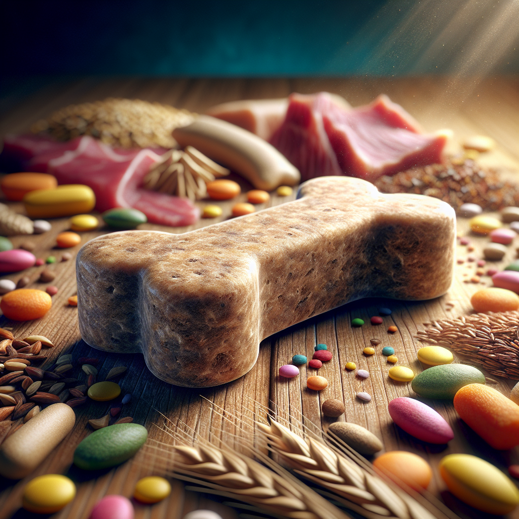 A Milk Bone dog treat on a wooden countertop surrounded by ingredients.