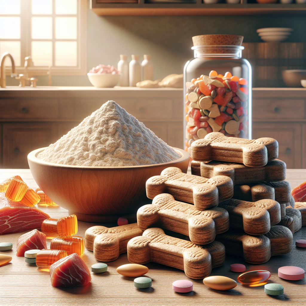 A display of Milk Bone dog treats next to whole wheat flour and protein-rich ingredients, in a sunny kitchen.