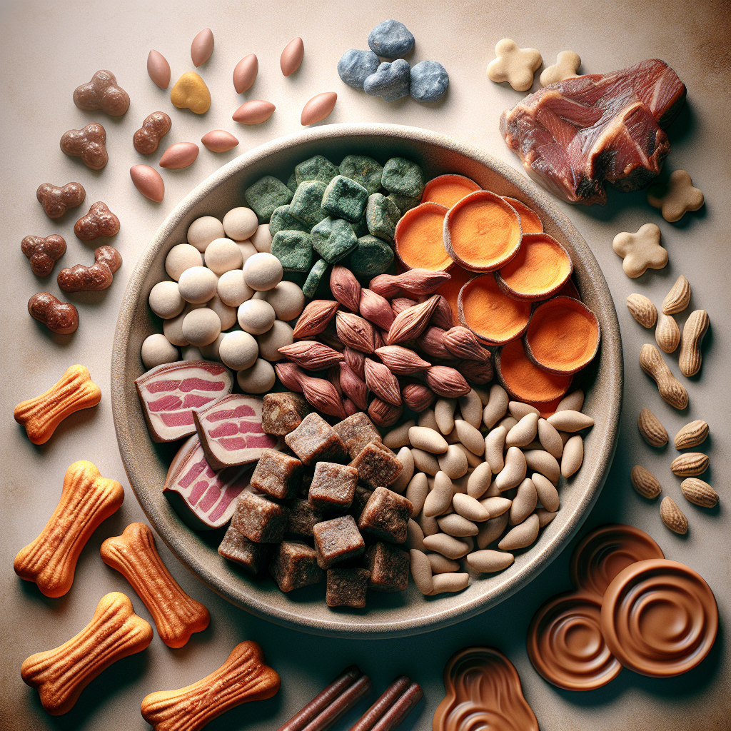 An assortment of healthy dog treats presented in a pet-friendly setup.