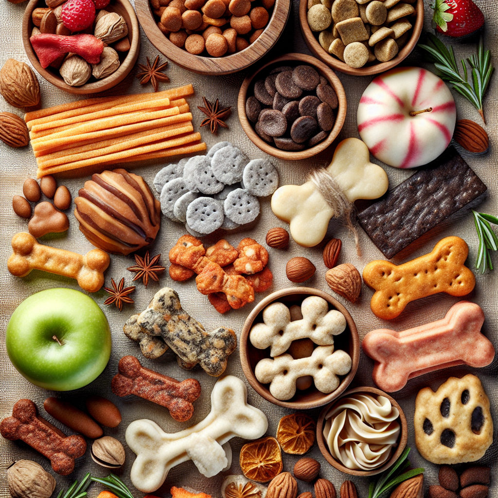 Assorted realistic high-quality dog treats arranged neatly, representing various flavors.