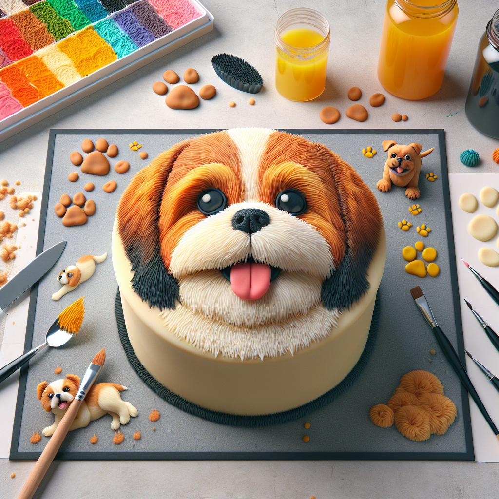 Realistic dog-themed cake with detailed textures and vibrant icing.