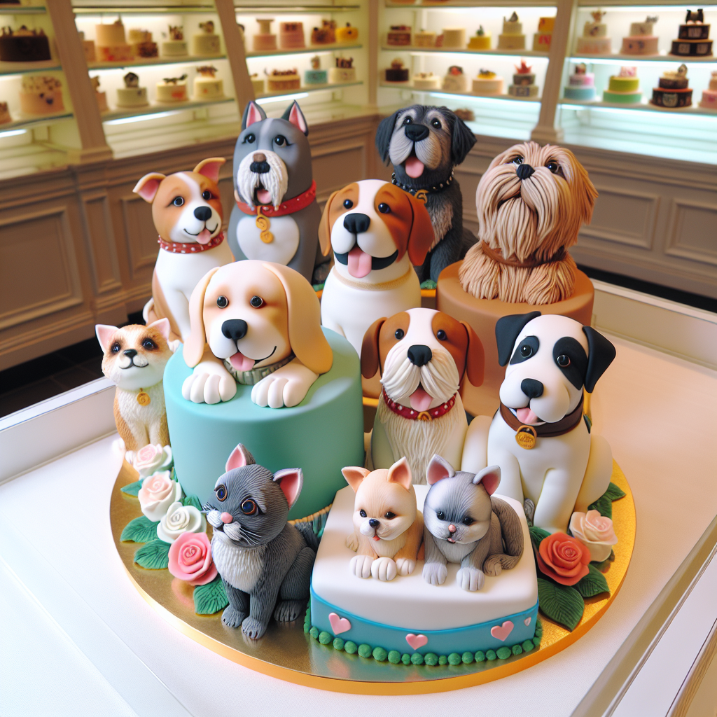 Realistic image of dog-themed cakes in a Singapore bakery.