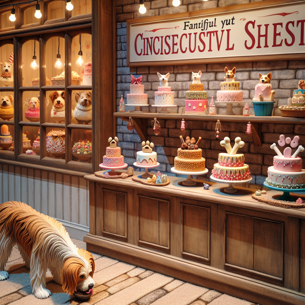 A dog-themed cake shop with a variety of realistic canine-friendly cakes on display and a happy dog in the foreground.