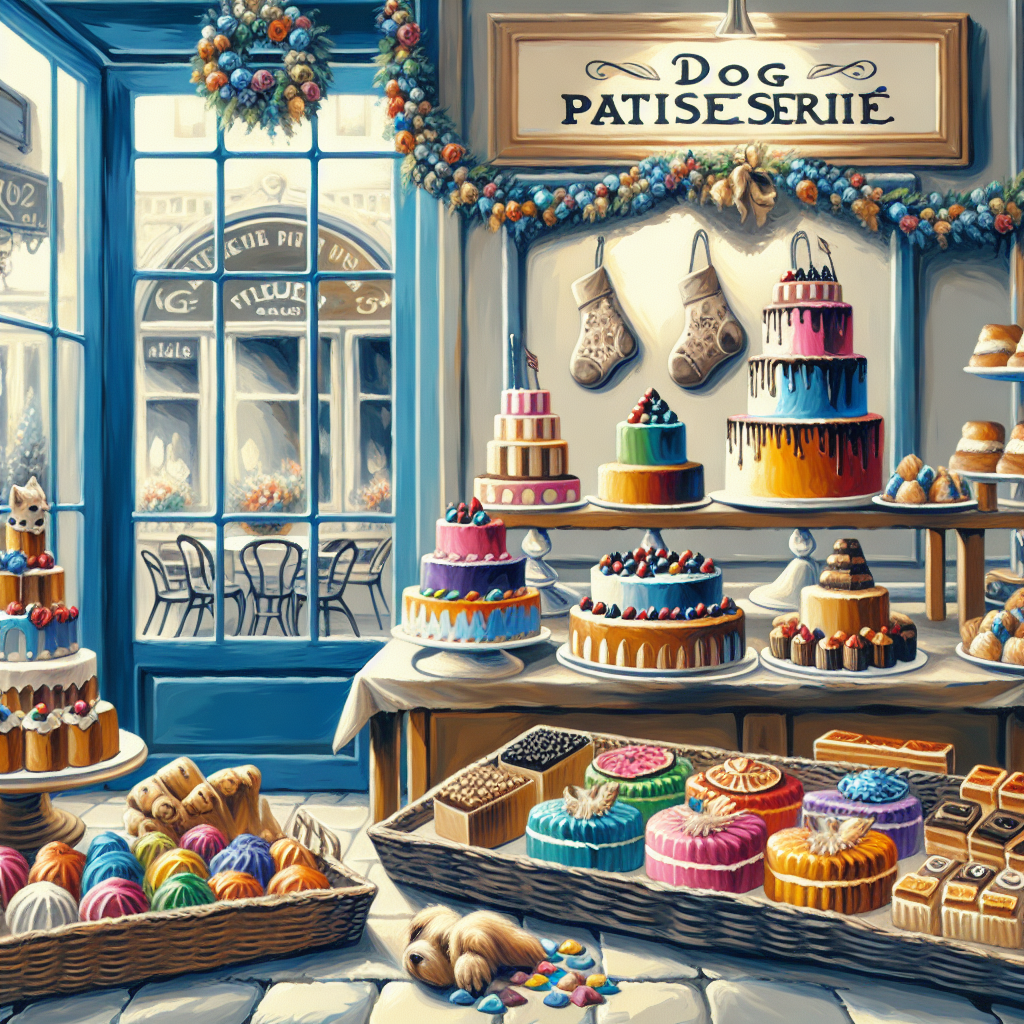 A high-end dog bakery with an assortment of gourmet dog cakes and pastries, inspired by the image from the given URL.