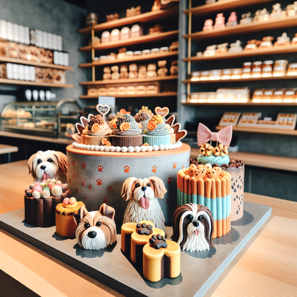 Assortment of gourmet dog cakes and treats in a pet bakery setting.