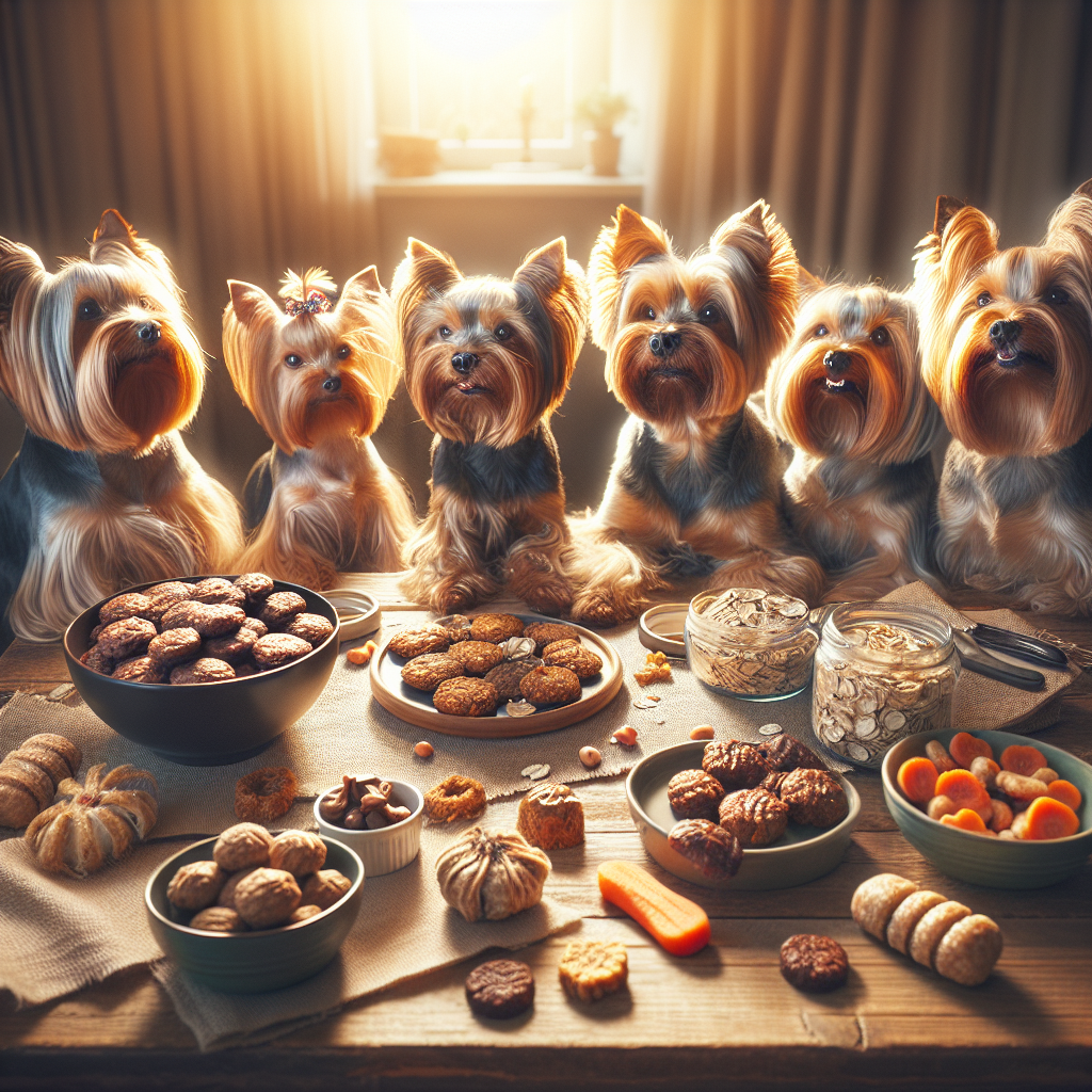 Realistic image of happy Yorkshire Terriers enjoying homemade dog treats.