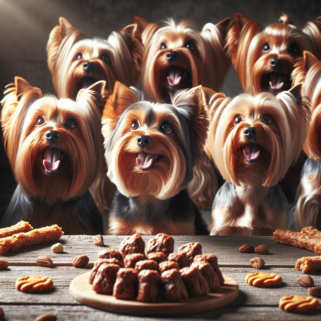 Realistic image of Yorkies enjoying homemade treats.