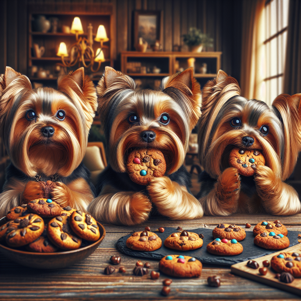 Yorkshire Terriers enjoying homemade treats in a cozy home setting.