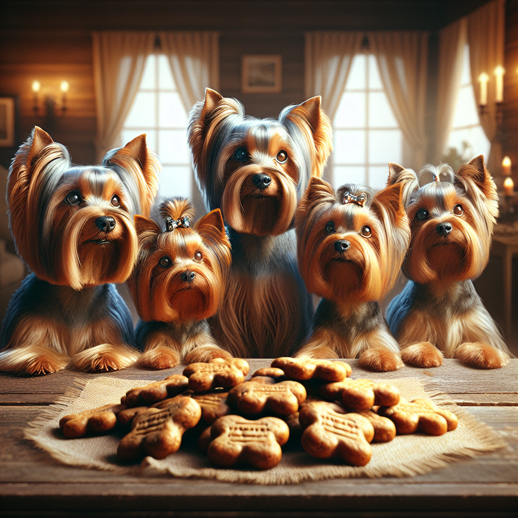 Yorkshire Terriers enjoying homemade treats in a cozy setting.