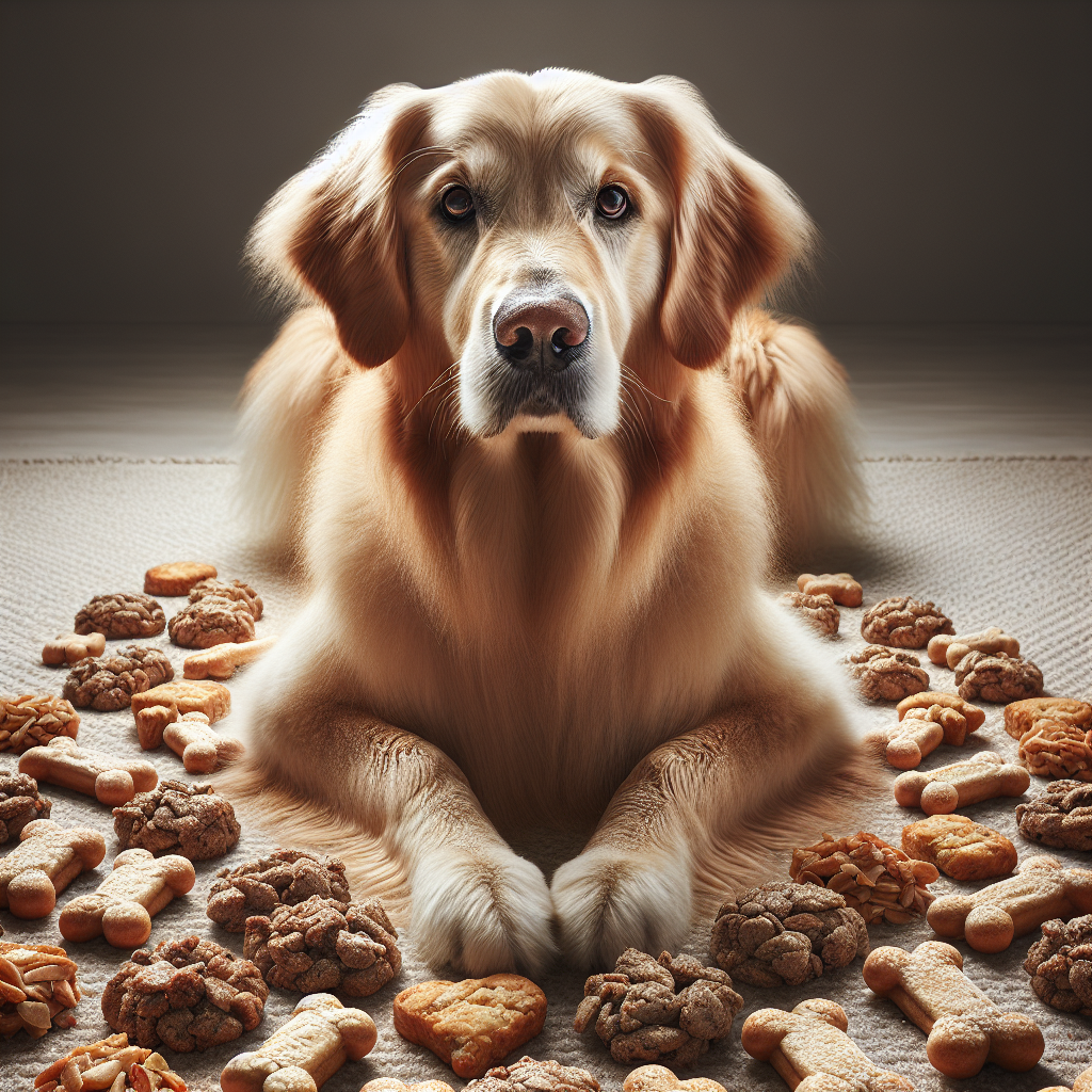 A golden retriever surrounded by homemade dog treats.